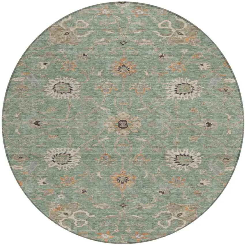 8' Artichoke Green Ivory And Coral Round Floral Washable Indoor Outdoor Area Rug Photo 2