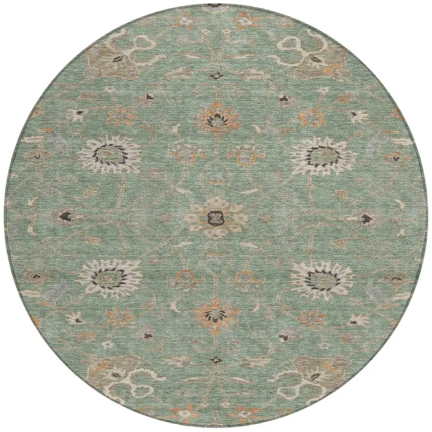 8' Artichoke Green Ivory And Coral Round Floral Washable Indoor Outdoor Area Rug Photo 6