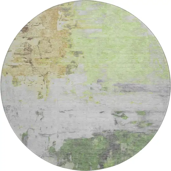 8' Artichoke Green Ivory And Gold Abstract Washable Round Rug With UV Protection Photo 1