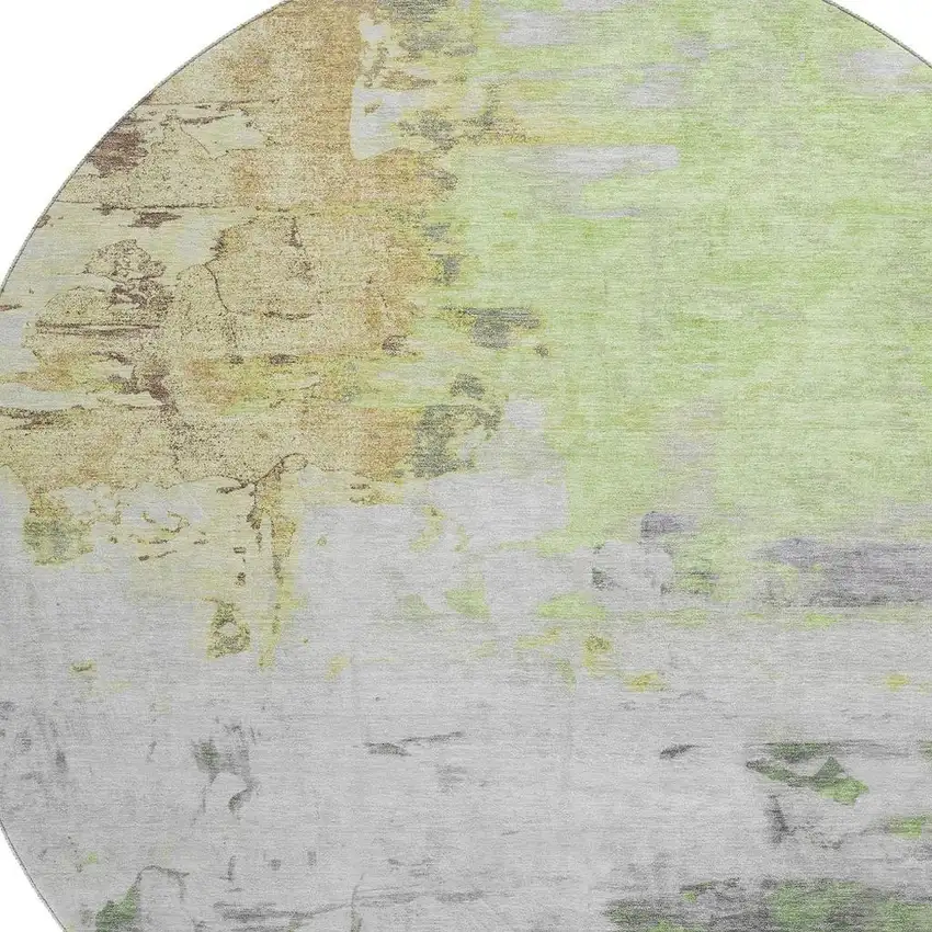 8' Artichoke Green Ivory And Gold Abstract Washable Round Rug With UV Protection Photo 3