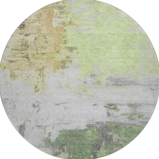 8' Artichoke Green Ivory And Gold Abstract Washable Round Rug With UV Protection Photo 4