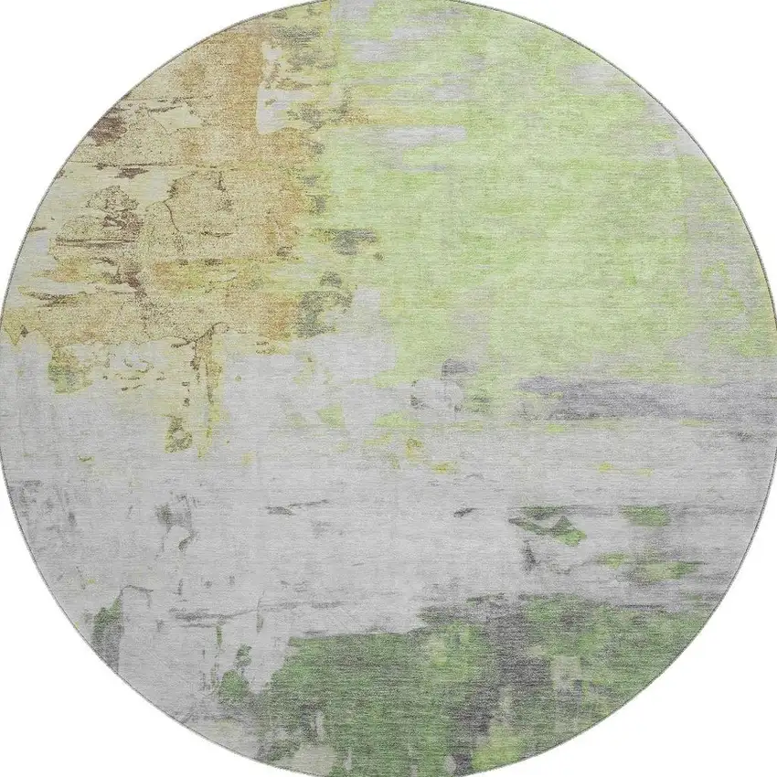 8' Artichoke Green Ivory And Gold Abstract Washable Round Rug With UV Protection Photo 4