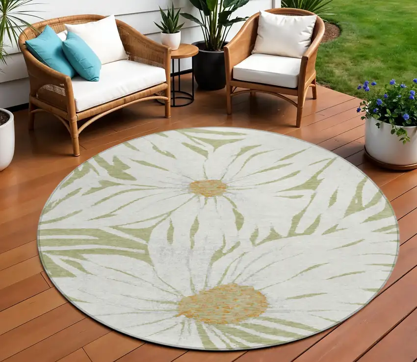 8' Artichoke Green Ivory And Gold Round Floral Washable Indoor Outdoor Area Rug Photo 1