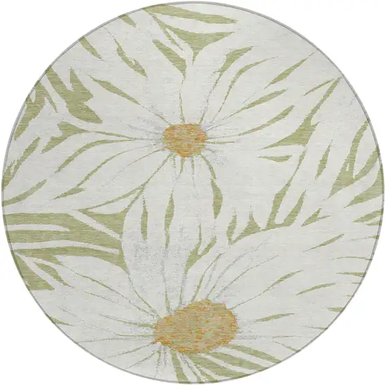 8' Artichoke Green Ivory And Gold Round Floral Washable Indoor Outdoor Area Rug Photo 2