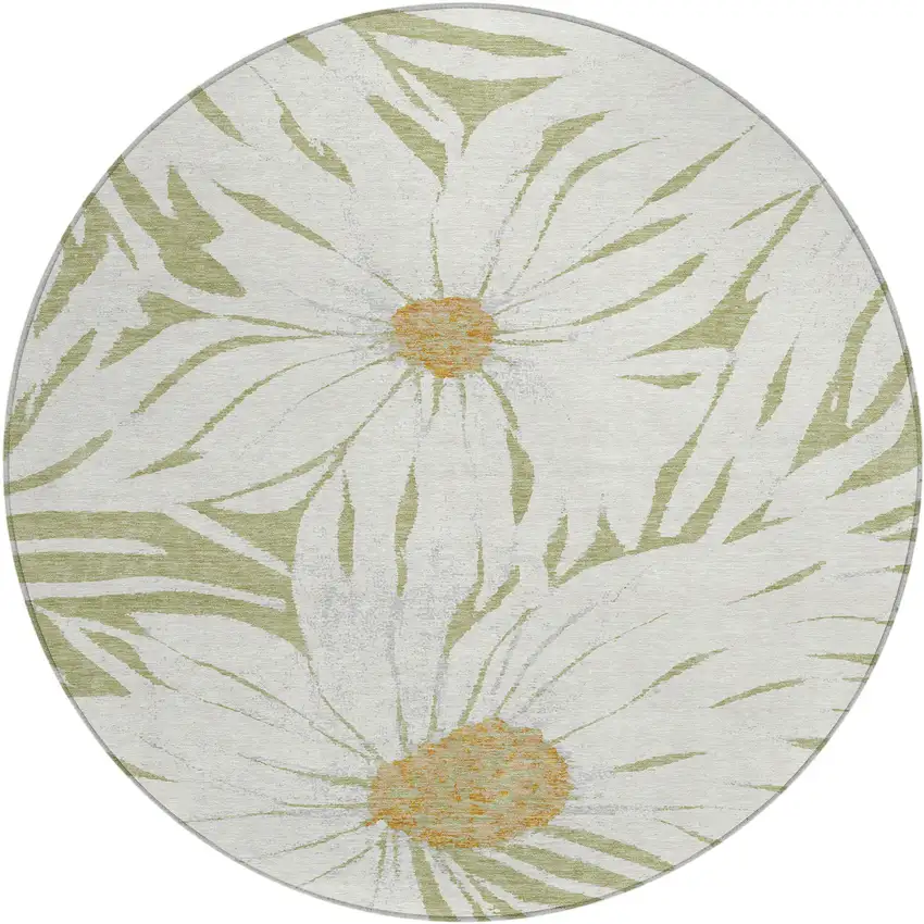 8' Artichoke Green Ivory And Gold Round Floral Washable Indoor Outdoor Area Rug Photo 2