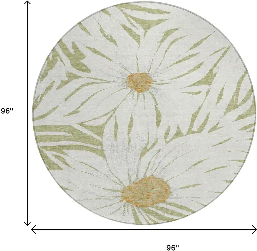 8' Artichoke Green Ivory And Gold Round Floral Washable Indoor Outdoor Area Rug Photo 3