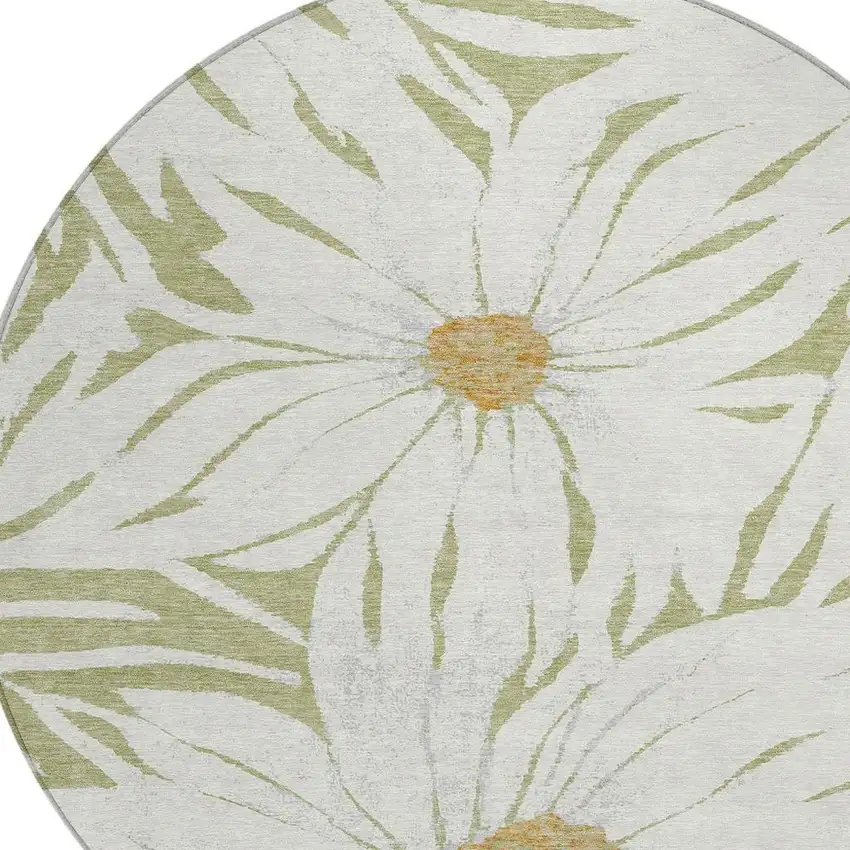 8' Artichoke Green Ivory And Gold Round Floral Washable Indoor Outdoor Area Rug Photo 6