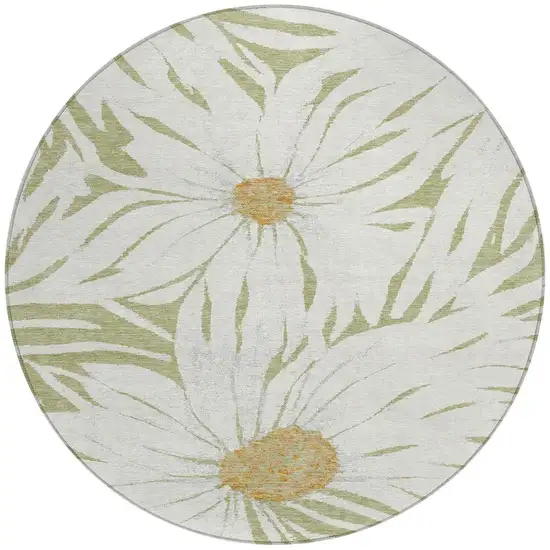 8' Artichoke Green Ivory And Gold Round Floral Washable Indoor Outdoor Area Rug Photo 4