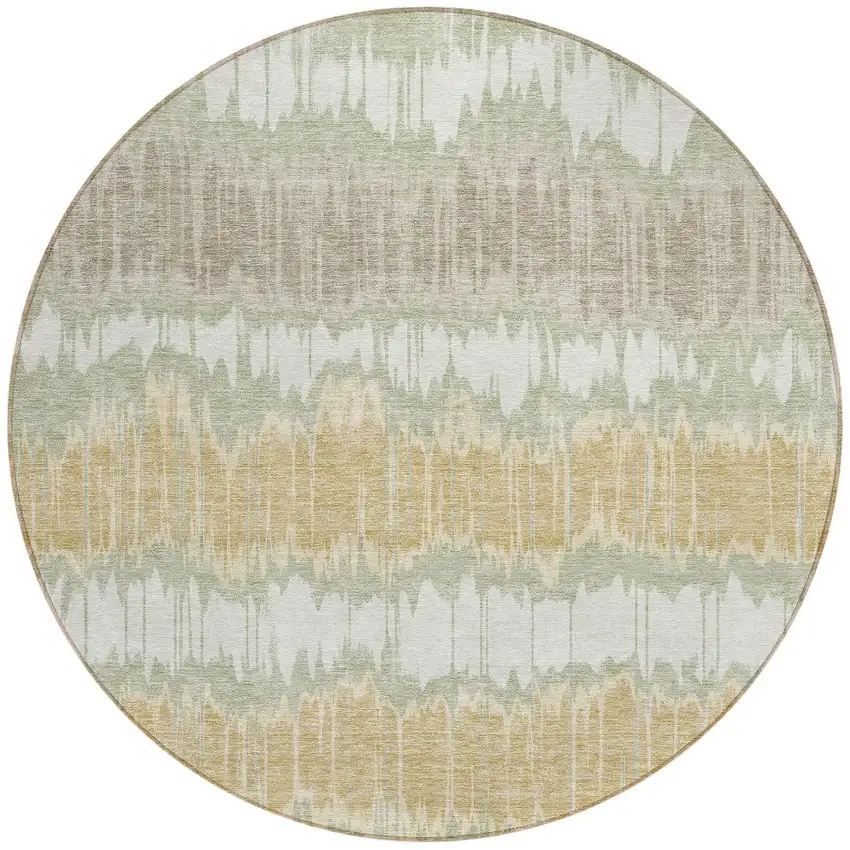 8' Artichoke Green Ivory And Gold Round Striped Washable Indoor Outdoor Area Rug Photo 6