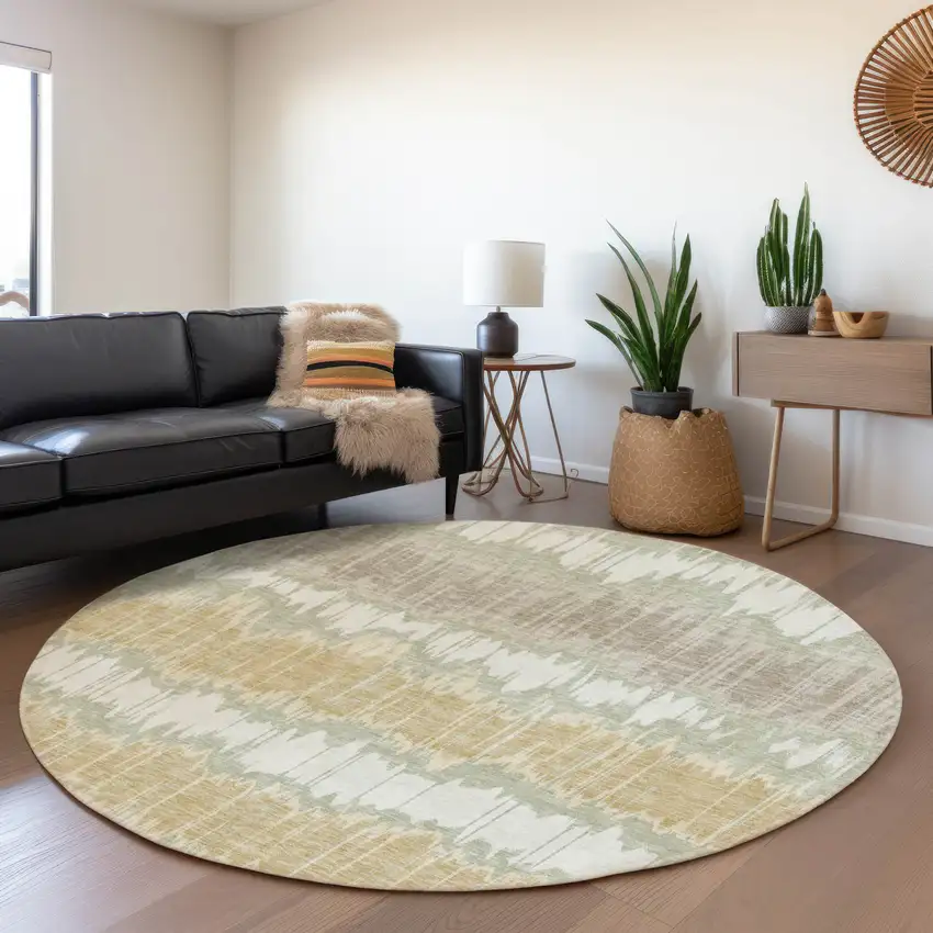 8' Artichoke Green Ivory And Gold Round Striped Washable Indoor Outdoor Area Rug Photo 8
