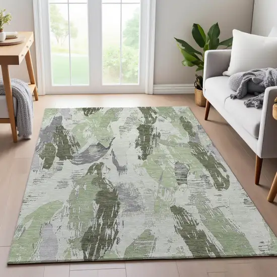 8' Artichoke Green Ivory And Gray Abstract Washable Area Rug With UV Protection Photo 5