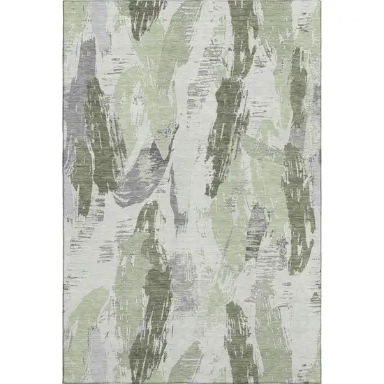 8' Artichoke Green Ivory And Gray Abstract Washable Area Rug With UV Protection Photo 1