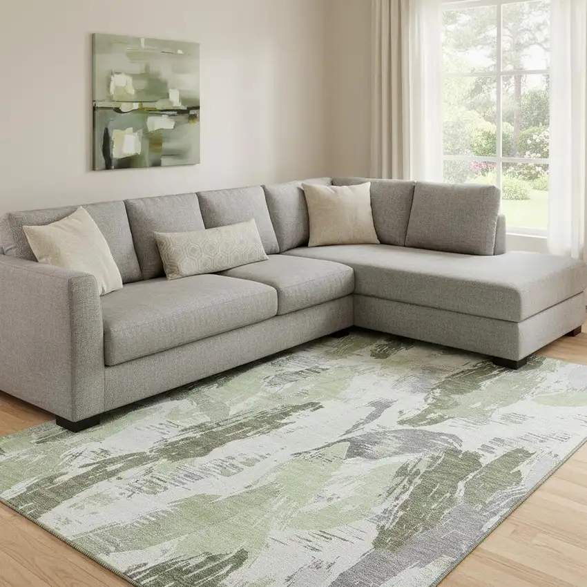 8' Artichoke Green Ivory And Gray Abstract Washable Area Rug With UV Protection Photo 2