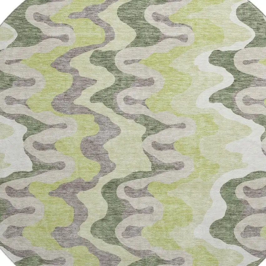 8' Artichoke Green Ivory And Gray Abstract Washable Round Rug With UV Protection Photo 3