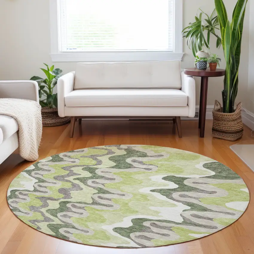 8' Artichoke Green Ivory And Gray Abstract Washable Round Rug With UV Protection Photo 5