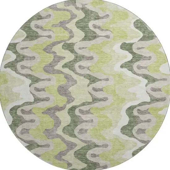 8' Artichoke Green Ivory And Gray Abstract Washable Round Rug With UV Protection Photo 4