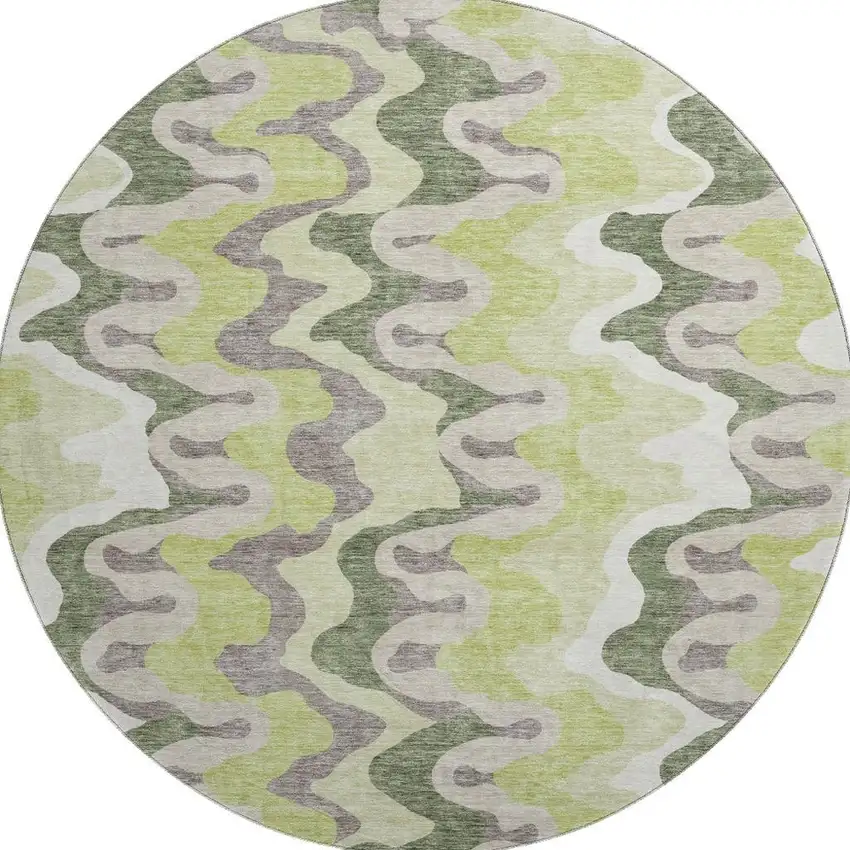 8' Artichoke Green Ivory And Gray Abstract Washable Round Rug With UV Protection Photo 4