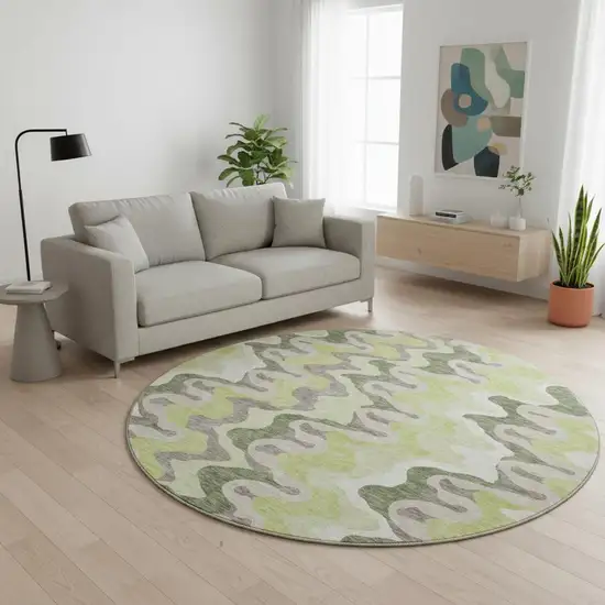 8' Artichoke Green Ivory And Gray Abstract Washable Round Rug With UV Protection Photo 2