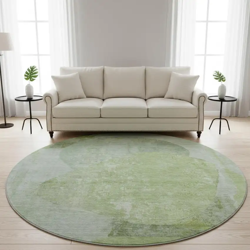 8' Artichoke Green Ivory And Gray Abstract Washable Round Rug With UV Protection Photo 2