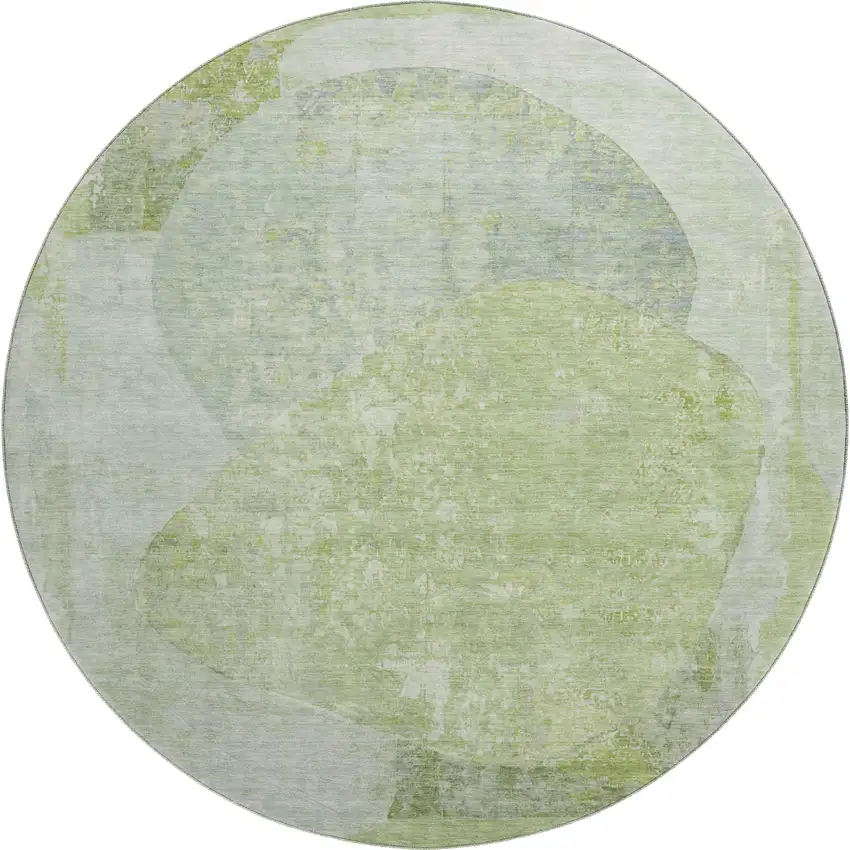8' Artichoke Green Ivory And Gray Abstract Washable Round Rug With UV Protection Photo 1