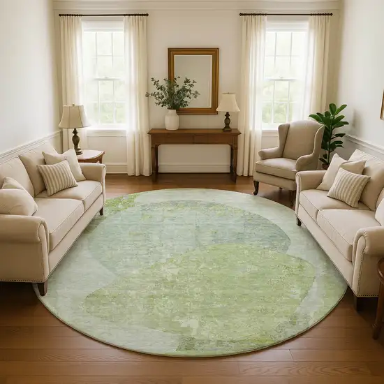 8' Artichoke Green Ivory And Gray Abstract Washable Round Rug With UV Protection Photo 4
