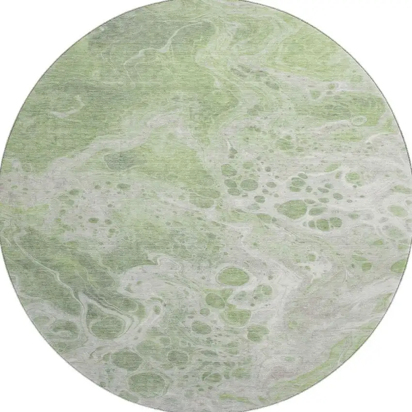 8' Artichoke Green Ivory And Gray Abstract Washable Round Rug With UV Protection Photo 3