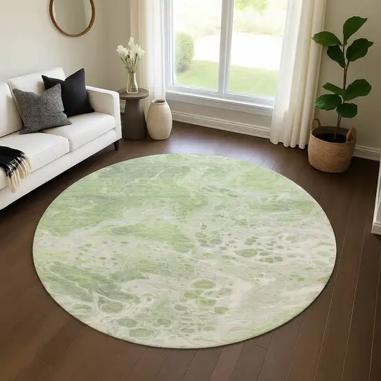 8' Artichoke Green Ivory And Gray Abstract Washable Round Rug With UV Protection Photo 4