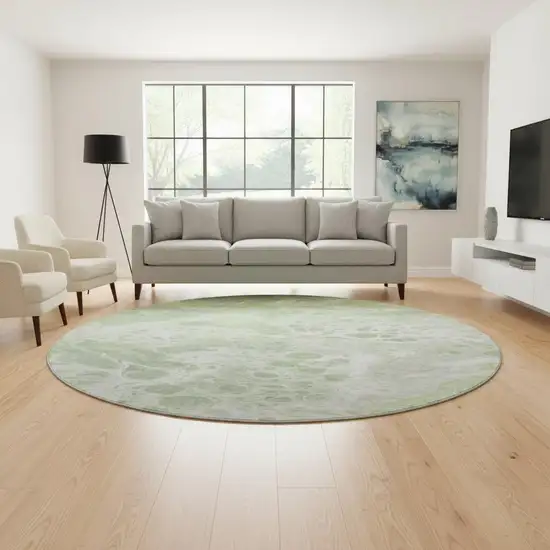 8' Artichoke Green Ivory And Gray Abstract Washable Round Rug With UV Protection Photo 2