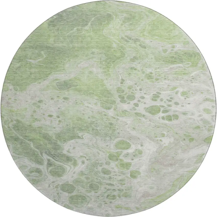 8' Artichoke Green Ivory And Gray Abstract Washable Round Rug With UV Protection Photo 1