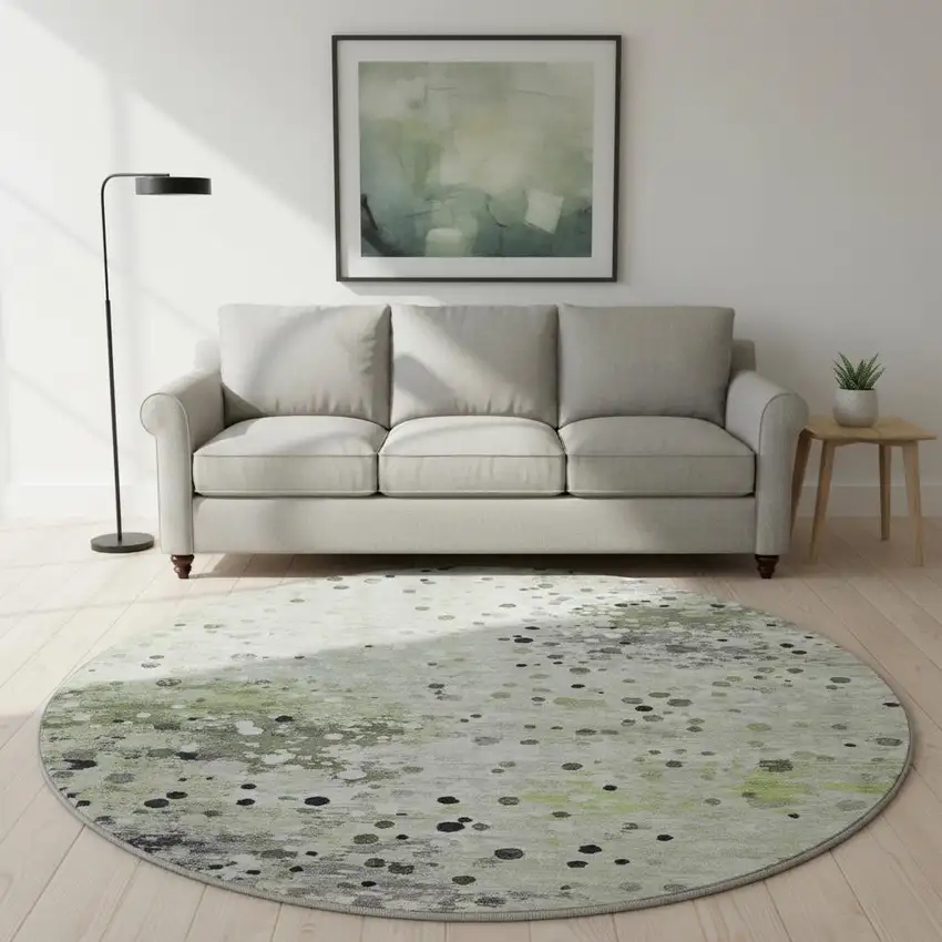 8' Artichoke Green Ivory And Gray Abstract Washable Round Rug With UV Protection Photo 2