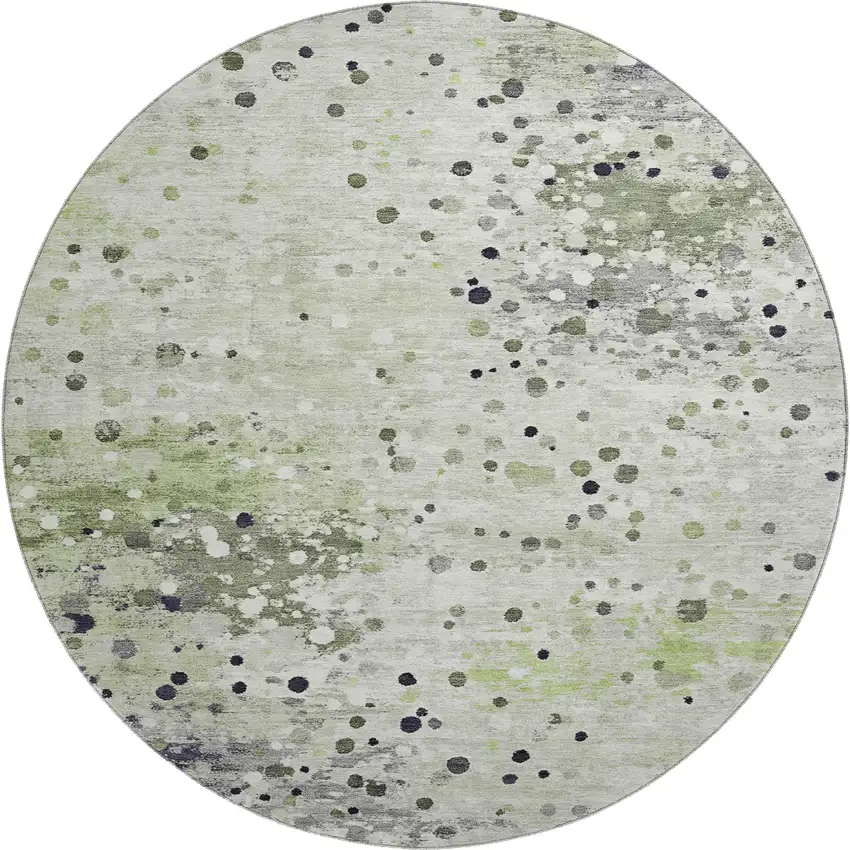 8' Artichoke Green Ivory And Gray Abstract Washable Round Rug With UV Protection Photo 1