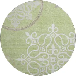 Photo of 8' Artichoke Green Ivory And Gray Floral Medallion Washable Round Rug With UV Protection