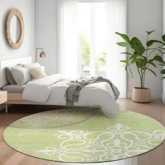 8' Artichoke Green Ivory And Gray Floral Medallion Washable Round Rug With UV Protection Photo 5