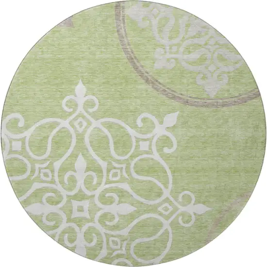 8' Artichoke Green Ivory And Gray Floral Medallion Washable Round Rug With UV Protection Photo 4