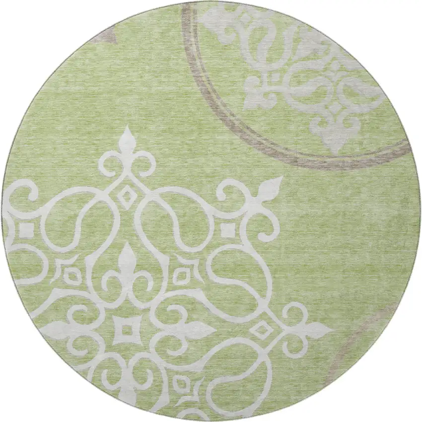 8' Artichoke Green Ivory And Gray Floral Medallion Washable Round Rug With UV Protection Photo 4