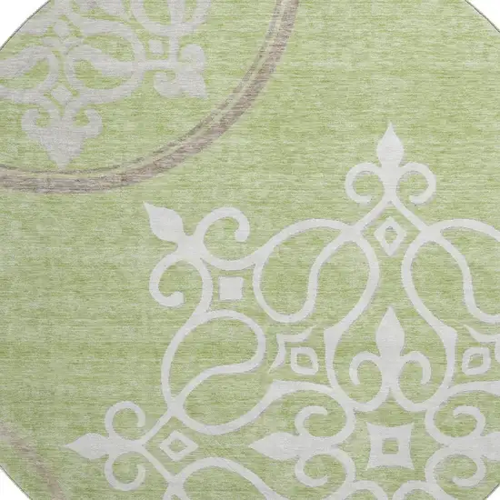 8' Artichoke Green Ivory And Gray Floral Medallion Washable Round Rug With UV Protection Photo 3