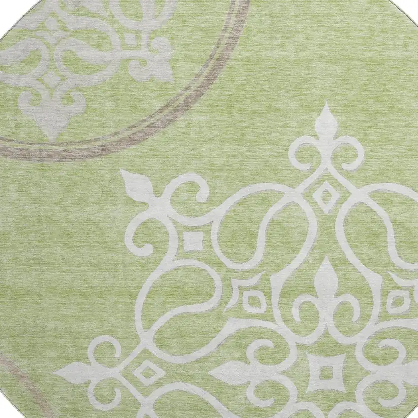 8' Artichoke Green Ivory And Gray Floral Medallion Washable Round Rug With UV Protection Photo 3