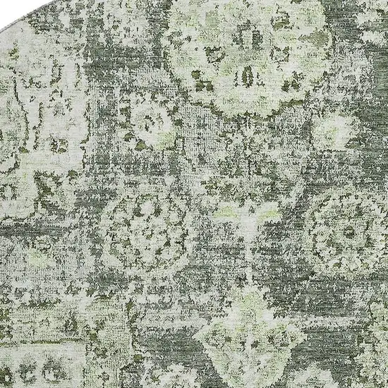 8' Artichoke Green Ivory And Gray Floral Washable Round Rug With UV Protection Photo 3