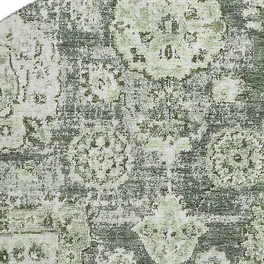 8' Artichoke Green Ivory And Gray Floral Washable Round Rug With UV Protection Photo 3