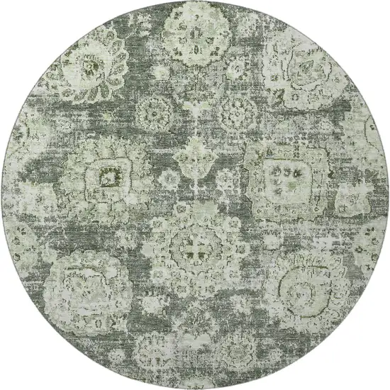 8' Artichoke Green Ivory And Gray Floral Washable Round Rug With UV Protection Photo 4