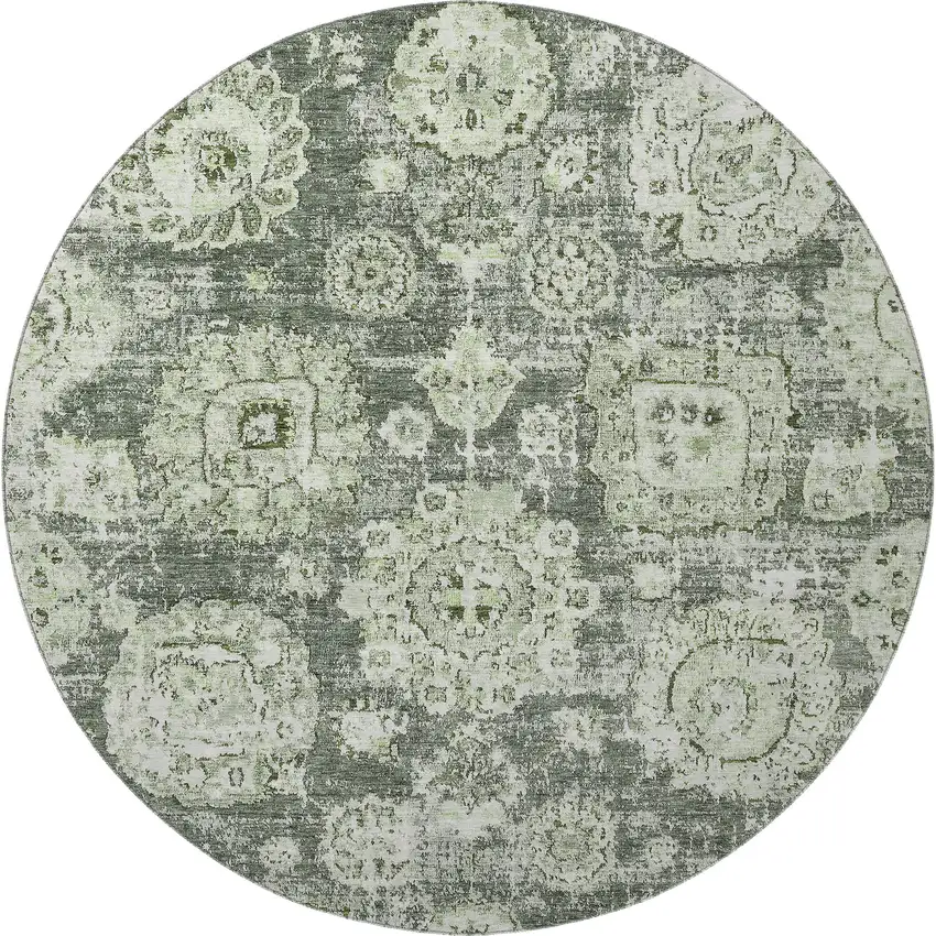 8' Artichoke Green Ivory And Gray Floral Washable Round Rug With UV Protection Photo 4