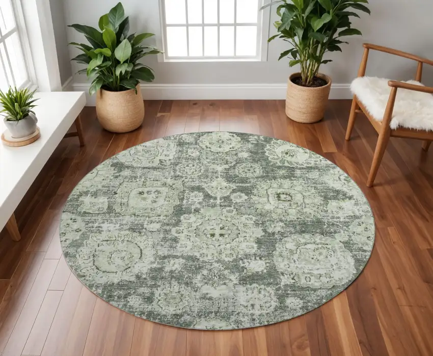 8' Artichoke Green Ivory And Gray Floral Washable Round Rug With UV Protection Photo 2