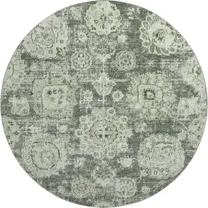 Photo of 8' Artichoke Green Ivory And Gray Floral Washable Round Rug With UV Protection
