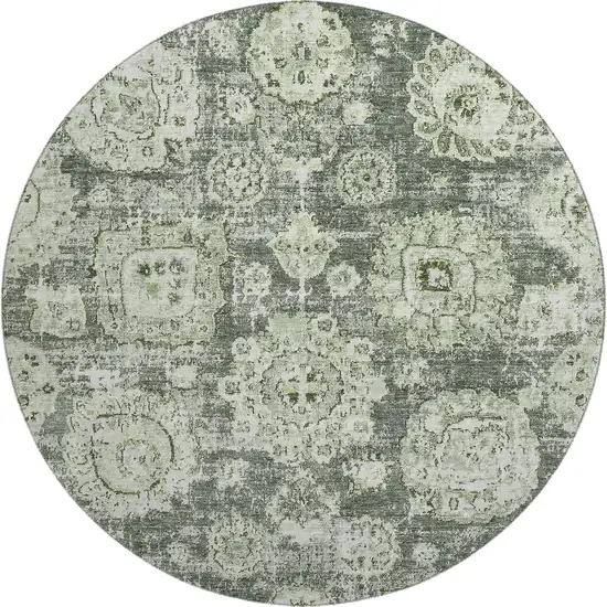 8' Artichoke Green Ivory And Gray Floral Washable Round Rug With UV Protection Photo 1