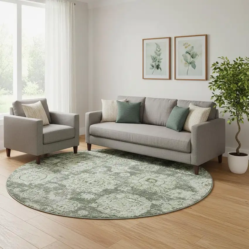 8' Artichoke Green Ivory And Gray Floral Washable Round Rug With UV Protection Photo 1