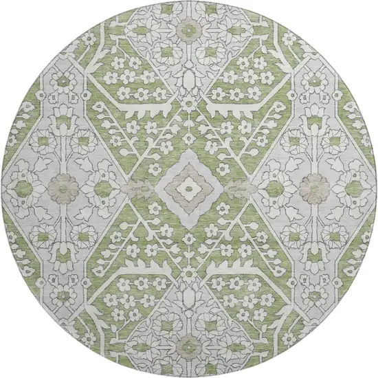 8' Artichoke Green Ivory And Gray Floral Washable Round Rug With UV Protection Photo 2