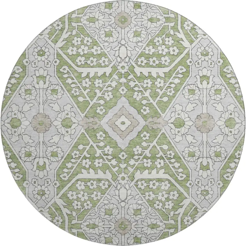 8' Artichoke Green Ivory And Gray Floral Washable Round Rug With UV Protection Photo 2
