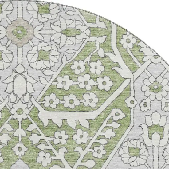 8' Artichoke Green Ivory And Gray Floral Washable Round Rug With UV Protection Photo 4
