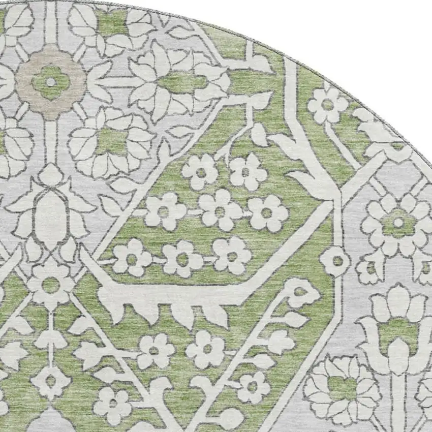 8' Artichoke Green Ivory And Gray Floral Washable Round Rug With UV Protection Photo 4
