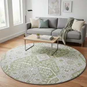 Photo of 8' Artichoke Green Ivory And Gray Floral Washable Round Rug With UV Protection